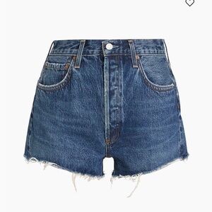Agolde dark wash denim shorts distressed